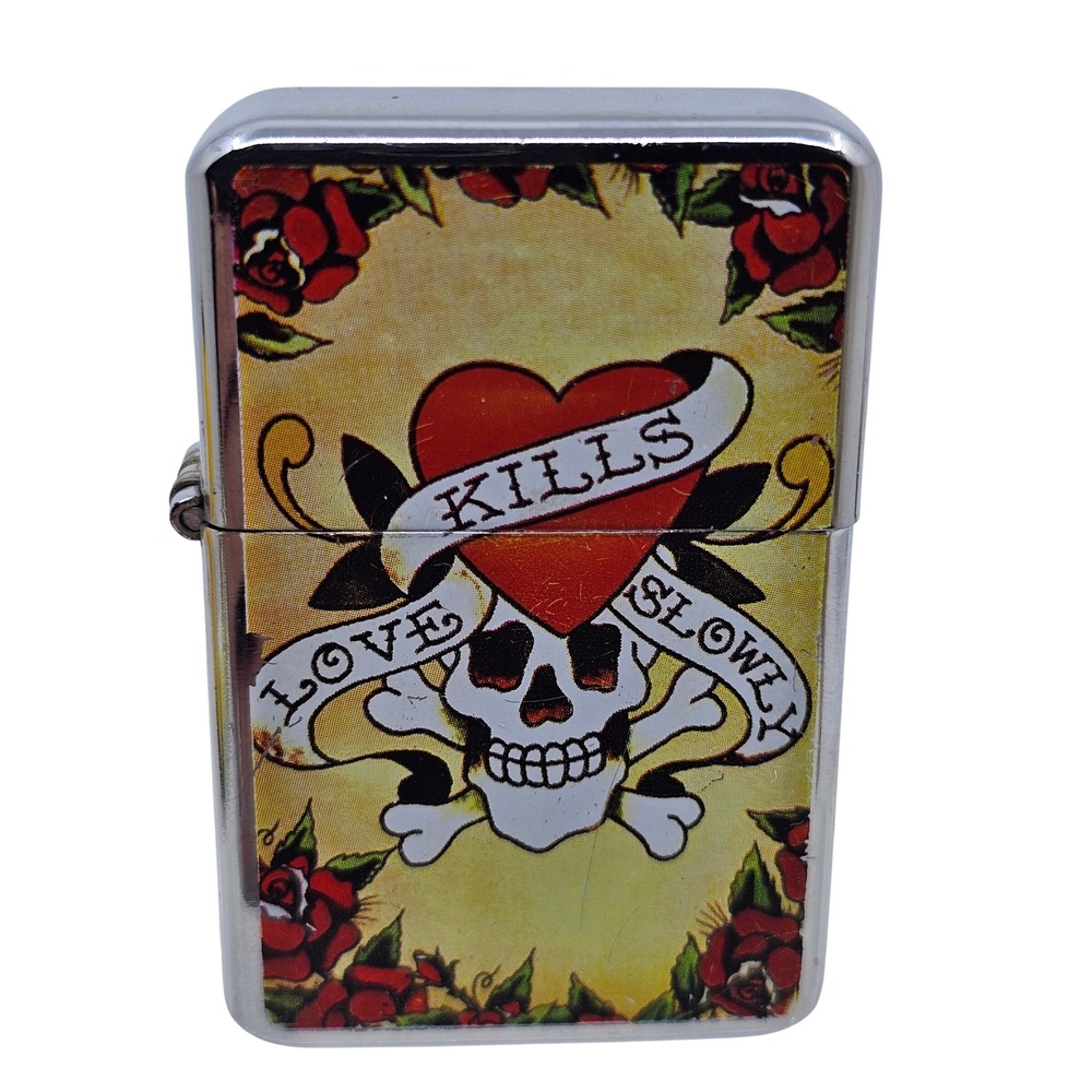 Kantai 2008A Love Kills Slowly Skull Tattoo Art Flip Top Lighter Polished Chrome